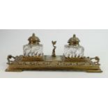 English Cast Brass Double Inkstand / Inkwell : makers mark to base, reticulated base and handles,