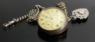 Silver Waltham pocket watch and albert chain: with shield shaped silver pendant, chain 73.6g.
