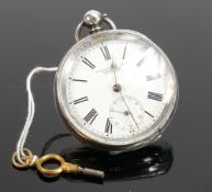 Silver pocket watch: Swiss made with seconds dial with key.