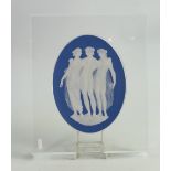 Wedgwood white on Saxon blue Three Graces plaque: In a clear perspex frame, frame size 33cm x 27.5cm