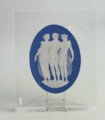 Wedgwood white on Saxon blue Three Graces plaque: In a clear perspex frame, frame size 33cm x 27.5cm