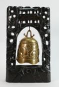 20th century Chinese polished bronze temple bell & stand: Height of wooden frame 37cm.