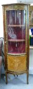 Quality reproduction marquetry Mahogany glazed corner display cabinet: With brass ormolu mount,