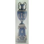 Wedgwood white on pale blue limited edition snake handled vase and stand: Height 71cm with