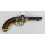 19th C Flintlock percussion pistol: with walnut handle and brass plate,butt and rod, plate impressed