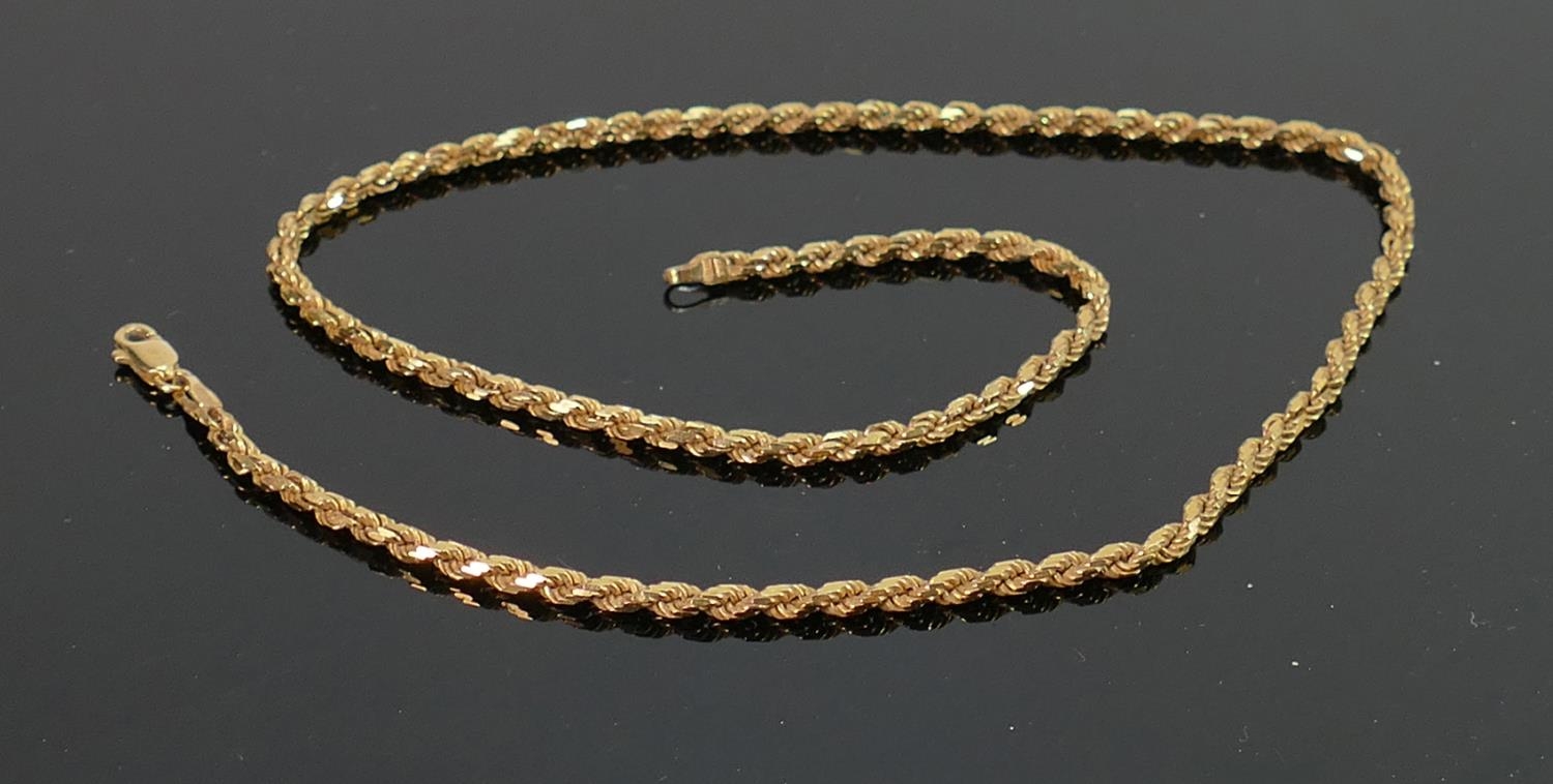 9ct gold rope twist neck chain: Measures 44 cm long, weight 14.2g. Good overall condition.