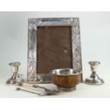 A collection of Silver items: including pair Art deco filled candlesticks, Silver mounted wood