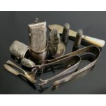 A collection of Silver items: including Silver Tongues, 2 vesta cases, 2 thimbles, and pendant, 115g