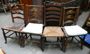 Set of 3 early 19th century Lancashire Elm rush seated Ladderback chairs: Together with a similar
