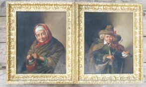 Pair of 19th Dutch oil paintings on canvas: Unsigned, depicting male violin player & elderly lady.