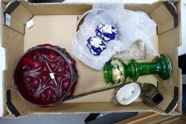 A mixed collection of items to include: glass vases, cut glass crystal tray, pottery vases etc
