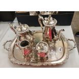 A good quality silver plated four piece tea/ coffee service: together with tray ( sugar lid A/F)