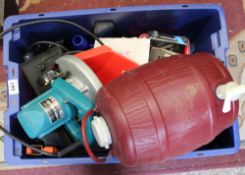 A mixed collection of items: Makita circular saw, vintage measuring tape, screws, pliers etc.