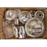 A mixed collection of silver plated and white metal items: footed basket, goblet, condiment set etc