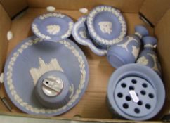 A collection of Wedgwood jasperware items: flared vase, lighter, pin dishes etc (1 tray).