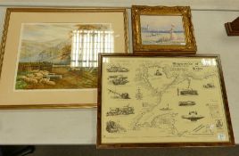 A mixed collection of framed items to include: G R Brown landscape watercolour, romantic sea shore