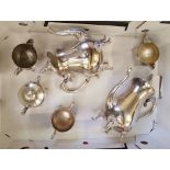 A mixed collection of silver plated and white metal items: two three piece coffee services