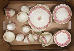 Royal Doulton pink floral tea set: pattern 2339, 9 trio's, 2 cake plates, milk and sugar (1 tray).