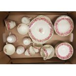 Royal Doulton pink floral tea set: pattern 2339, 9 trio's, 2 cake plates, milk and sugar (1 tray).