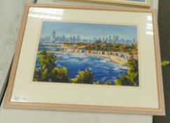 Large Framed Watercolour: Beach huts Brighton Beach, Melbourne, Victoria, Australia, signed and