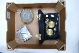 Antique Brass Jewelry Balance Scale in Velvet Box : together with silver plated cigarette lighter,