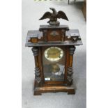 Wooden Cased German Mantle Clock: height to top of eagle 67cm