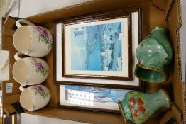 A mixed collection of items to include: Studio pottery floral vases, floral ironstone jugs, framed