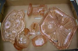 Two pink glass part dressing table sets: (1 tray).