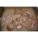 Two pink glass part dressing table sets: (1 tray).