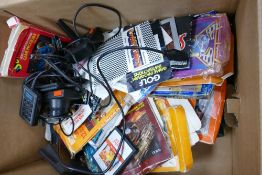 A collection of Atari 2600 & similar empty Games Cartridge boxes: together with joysticks,