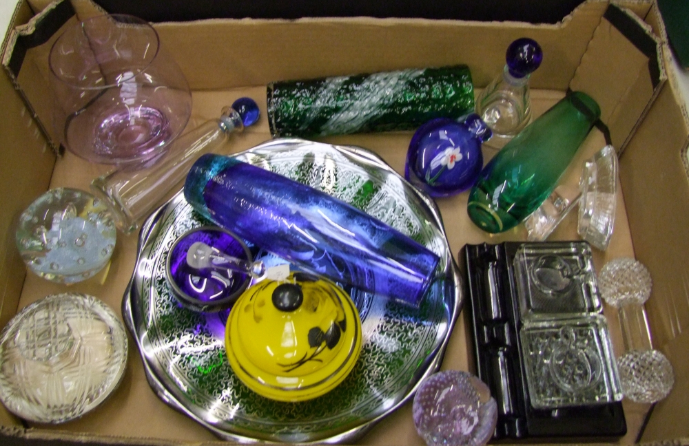 A mixed collection of glass items: inkwell, pestle and mortar, paperweight, vases etc (1 tray).
