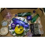 A mixed collection of glass items: inkwell, pestle and mortar, paperweight, vases etc (1 tray).