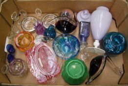 A mixed collection of glass items: eye baths, perfume bottle, paperweight, bowls etc (1 tray).