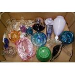 A mixed collection of glass items: eye baths, perfume bottle, paperweight, bowls etc (1 tray).