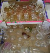 A collection of glass ware: vases, decanter, wine glasses etc (2 trays).