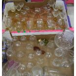 A collection of glass ware: vases, decanter, wine glasses etc (2 trays).