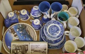 A mixed collection of items: blue and white side plates and saucers, commemorative mugs etc (1
