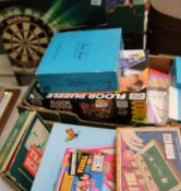 A large collection of boxed board games and puzzles: Lego puzzle, dart board, Sexangle etc (2
