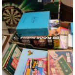 A large collection of boxed board games and puzzles: Lego puzzle, dart board, Sexangle etc (2