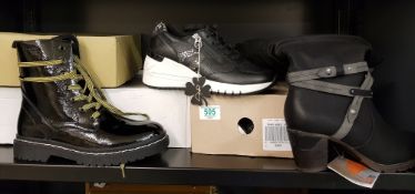 A pair of RIEKER fur lined boots: size 6, together with Marko size 5 trainers and a pair of patent