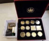 Cased gold plated coins to include East Caribbean state 2 dollars: 1944-1994 commemorative medal