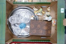 A mixed collection of items to include: silver plated trays, boxed cutlery set, resin teddy bears,
