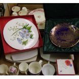 A mixed collection of ceramic items: Spode cake plate, Masons wall plate, dinner plates, cups etc (1