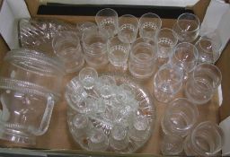 A collection of glassware: shot glasses, decanter etc (1 tray).