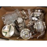 A mixed collection of silver plated and white metal items: three piece tea service, goblet, napkin
