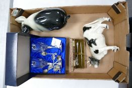 A mixed collection of items to include: large Melba Ware Cow, Royal County Silver Plated Goblet set,