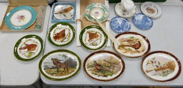 A collection of plates to include: Old Foley cake plate , light wood & son game bird plates etc