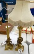 Pair corinthian column brass table lamps, height to fitting 30cm(2)