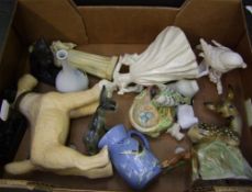 A mixed collection of ceramic items: Goldscheider/Myott bird dish, perfume bottles, animal figures