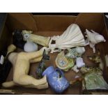 A mixed collection of ceramic items: Goldscheider/Myott bird dish, perfume bottles, animal figures